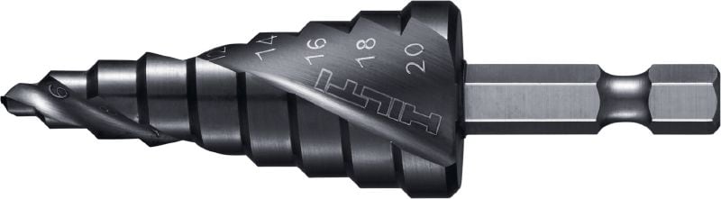 Impact-ready step drill bit Impact-ready step drill bit with HEX shank and advanced coating for max-speed drilling of holes in metal using an impact or drill driver