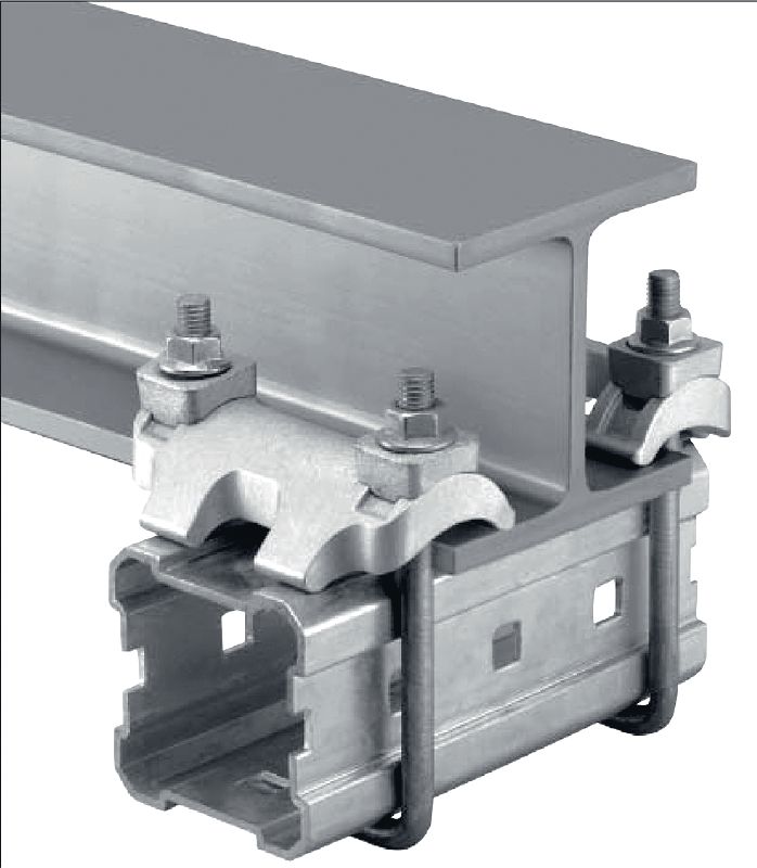 MI-DGC Beam clamp Hot-dip galvanised (HDG) double beam clamp for connecting MI girders to steel beams for heavy-duty applications